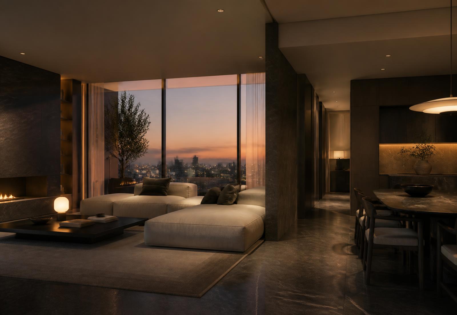 Warmly lit contemporary residential interior overlooking a city at dusk